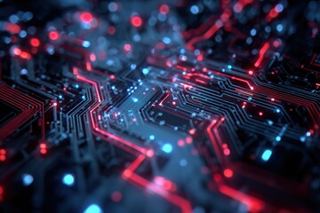 Illustration of a futuristic circuit design glowing with red and blue accents, digital style 