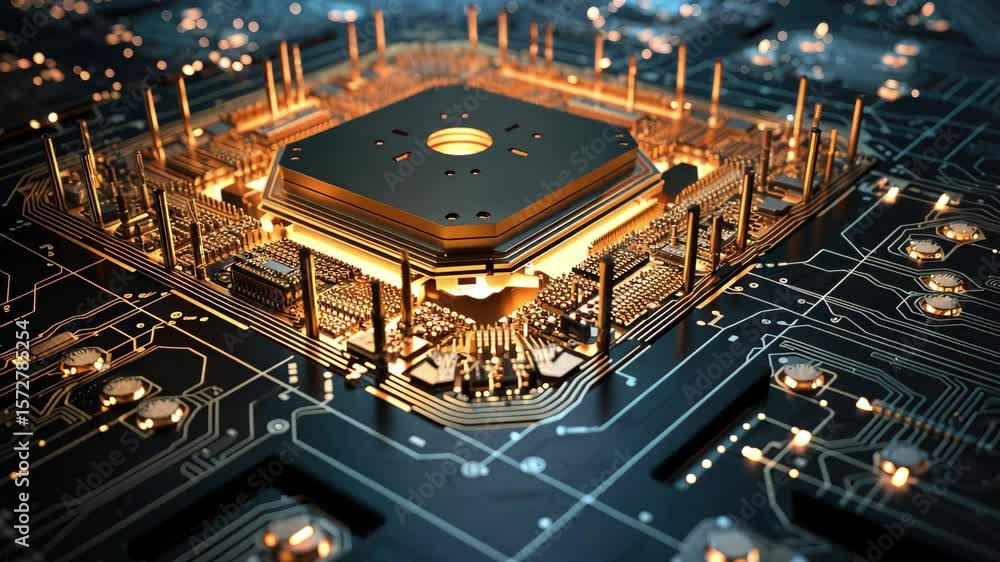 Poster exploring the intricate details of a modern computer processor and its circuit board at close range 