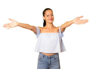 Young beautiful woman giving a hug isolated over transparent background. PNG