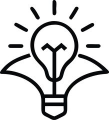 Black line icon of a glowing light bulb with radiating lines