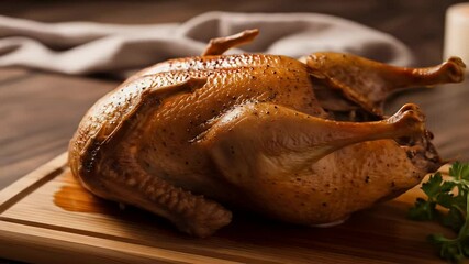 Close up view of a perfectly roasted duck on a wooden cutting board showcasing golden brown color and culinary excellence