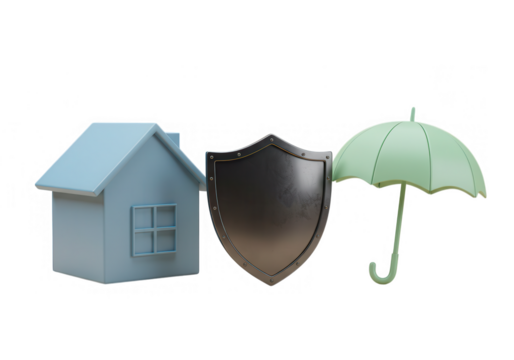 A house with a shield and umbrella symbolizes home protection and insurance coverage against risks isolated on transparent background