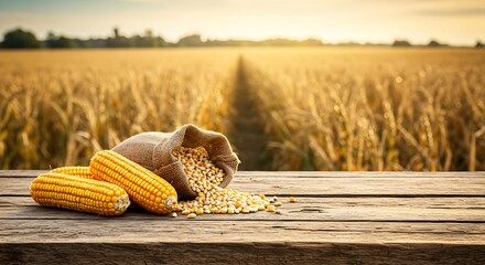 fresh corn cobs and dry seeds in bag on wooden table with green maize field on the background. Agriculture and harvest concept
