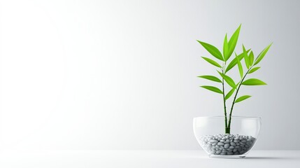 Fototapeta premium A minimalistic desktop setup featuring a lush green plant in a clear glass vase filled with smooth pebbles, Ideal for home decor, office environments, or wellness themes
