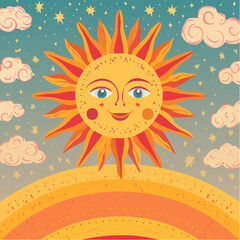 Retro groovy sun with three eyes. 60s and 70s vibes psychedelic vector clipart. Cartoon hippie oracle symbol. Vintage boho illustration. Abstract trippy ...