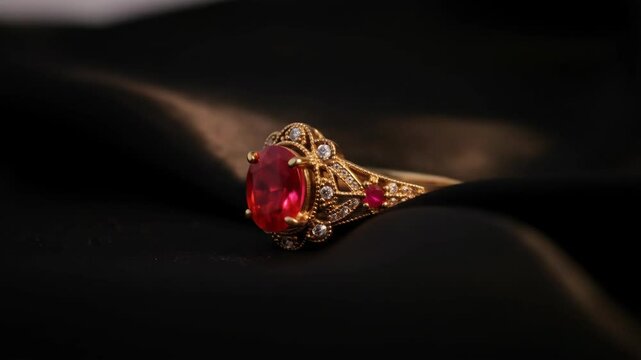 Elegant gold ring with red ruby gemstone on black satin, luxury jewelry concept.