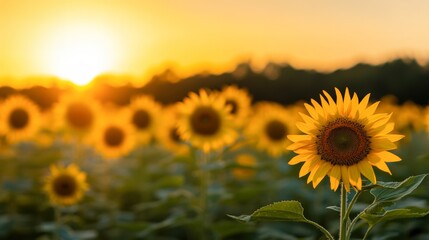 Fototapeta premium A vivid sunset bathes a field of sunflowers in warm yellow hues, creating an inviting, cheerful atmosphere, Ideal for nature themes, seasonal promotions, or wellness content,