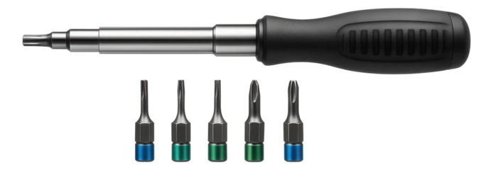 Magnetic screwdriver set with a telescopic handle for computer hardware assembly.