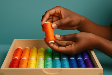 Person selecting vibrant orange thread spool from organized wooden drawer of multicolored sewing threads against teal background