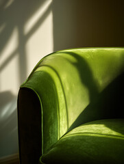 A close-up view of a dill green upholstered armchair. Soft fabric texture is highlighted by natural light casting shadows on the surface.