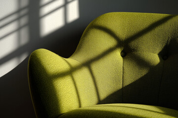 A close-up of a dill green armchair with textured fabric. Shadows from a window create patterns on the surface, enhancing the modern aesthetic.