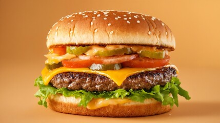 Juicy cheeseburger with sauce and vegetables on orange background