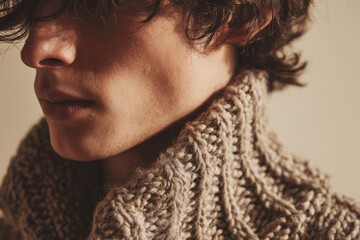 Close-up of a young Caucasian man with dark hair wearing a knitted sweater. The focus is on his face and neck, showcasing a relaxed expression and stylish attire.