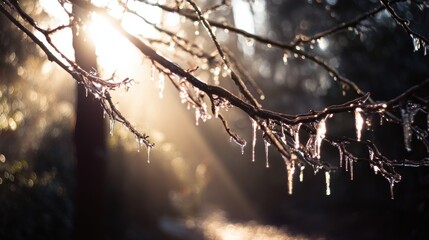 Sunlit tree branch covered with hanging icicles against a clear sky in winter daylight.