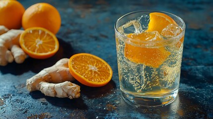 A cold glass of orange and ginger spritz, with orange slices and ginger root, with space for text
