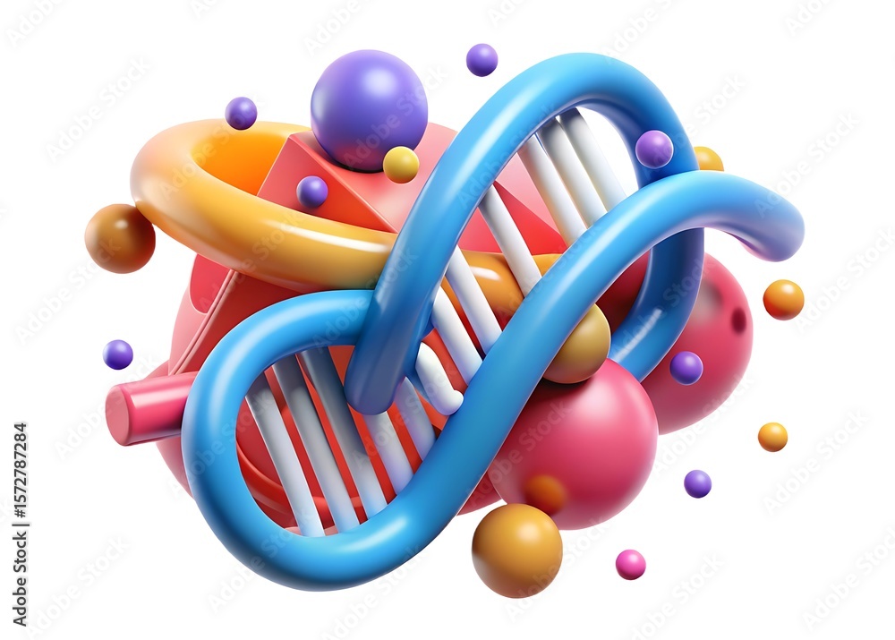 Aufkleber abstract 3d rendering of a dna double helix intertwined with colorful geometric shapes and spheres