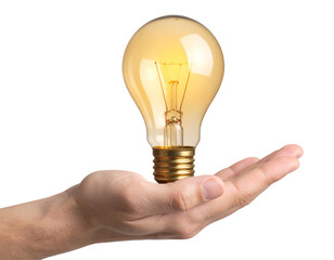  Hand Holding Light Bulb with Glowing Filament, Side View, Transparent Background&rdquo; 