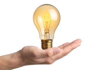 Hand Holding Light Bulb with Glowing Filament, Side View, Transparent Background”