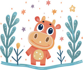 Cute little baby hippo smiling among colorful stars and plants - Concept of vector, naive, clipart hand drawn  