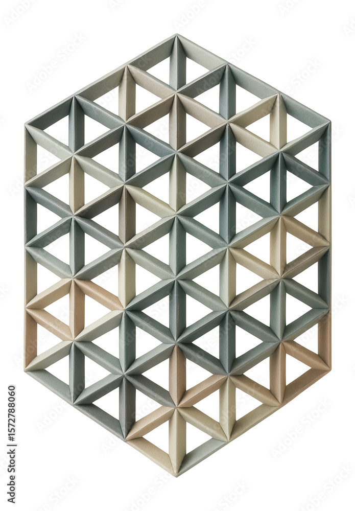 Wall mural complex lattice of interlocking triangles, each face exhibiting a unique matte finish.