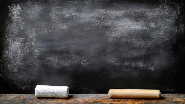 Blank blackboard with chalk and eraser on wooden table