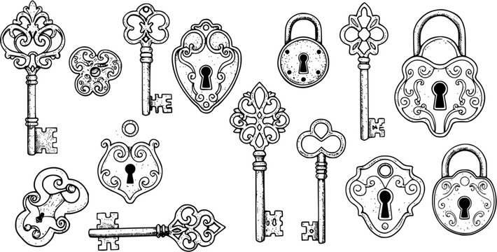 Hand drawn vintage key and lock vector set
