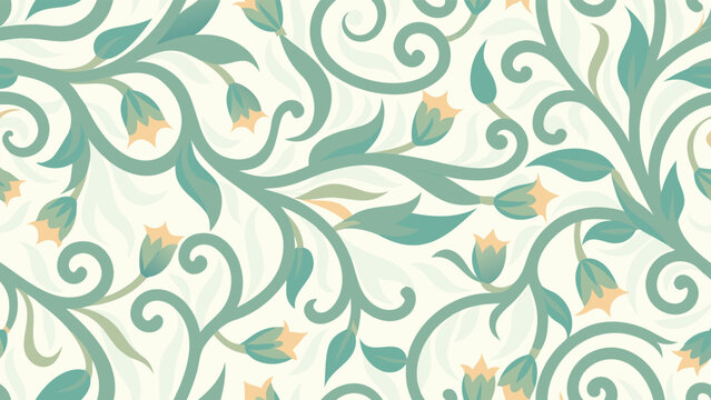 Floral pattern with teal vines and yellow flowers on a cream background creating a seamless design