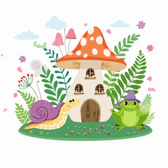 Vector set of cute vintage cottagecore animals, mushrooms, flowers stickers. Fairy frog, amanita house, snail, hedgehog cartoon illustrations. Magic forest elements. Green witch, goblincore ...