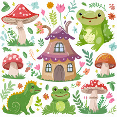 Vector set of cute vintage cottagecore animals, mushrooms, flowers stickers. Fairy frog, amanita house, snail, hedgehog cartoon illustrations. Magic forest elements. Green witch, goblincore ...