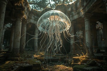 A jellyfish floats in the ruins of an ancient temple with columns and moss covered stones around it