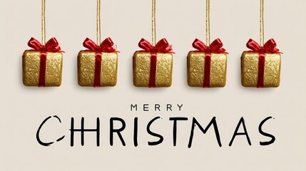 Four shiny gold gift boxes hanging from a gold string on a white background, perfect for festive designs.