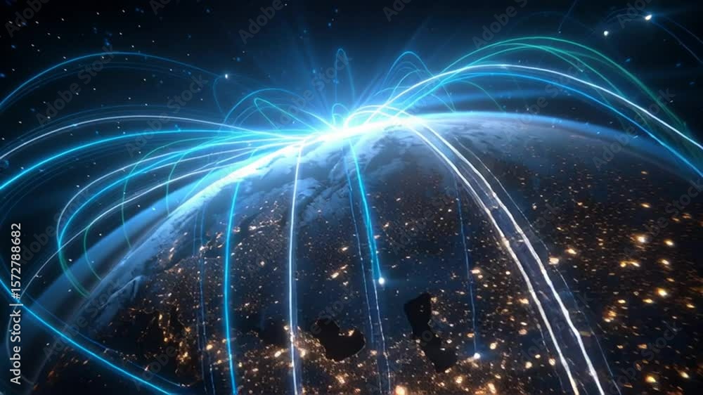 Poster global digital connectivity illustrated through bright data streams generative ai