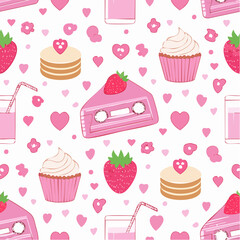Y2k pink girly seamless pattern with cake, milk, rose flower, strawberry, cassette. Coquette banner backgroud with vintage decor. 2000s aesthetic. Vector texture for wrapping paper, wallpaper, cover