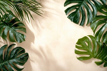 Tropical leaves frame with shadows on beige wall background