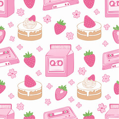 Y2k pink girly seamless pattern with cake, milk, rose flower, strawberry, cassette. Coquette banner backgroud with vintage decor. 2000s aesthetic. Vector texture for wrapping paper, wallpaper, cover