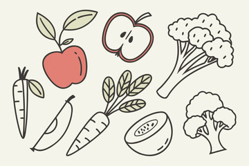 Outlined fruits and vegetables create a simple and healthy illustration