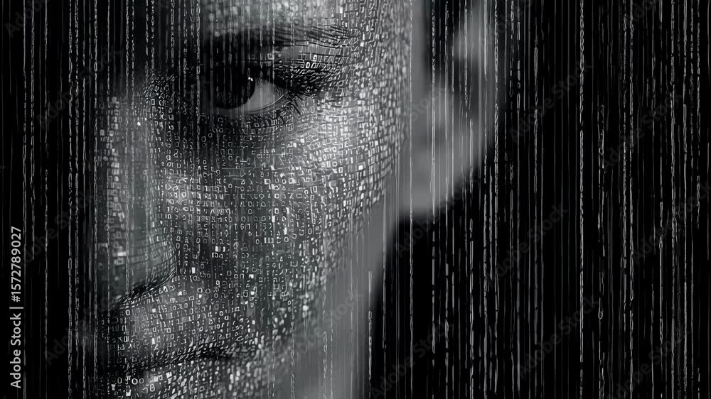 Poster binary code streams flow over a face, creating a dramatic black and white visualization of digital i