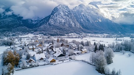 Snowy Alpine village aerial view, winter landscape, mountain backdrop, postcard