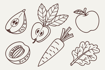 A simple line drawing of various fruits and vegetables
