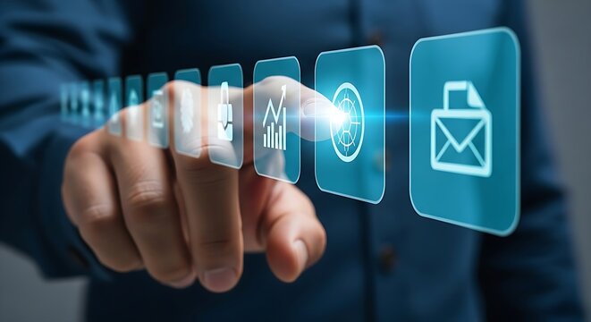 A closeup of a finger touching a digital interface with glowing icons representing various functions and applications