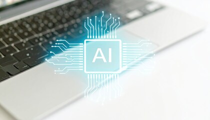 microchip with glowing circuitry lines on abstract blurred background and laptop, representing advanced technology concept 