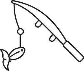 Fishing Rod With Hook And Line Black Vector Icon, Angler Equipment, Editable Line Style, Outdoor Tackle Concept, Simple Design