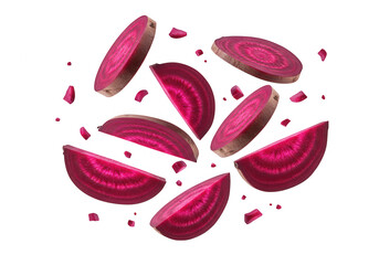 Vibrant beetroot slices are scattered across a transparent background, showcasing their rich color and texture
