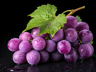 Cluster of dark purple grapes, glistening with water against a plain background, presented , highlighting their freshness and vibrant color.