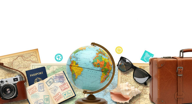 Vintage globe, passport, maps, camera, sunglasses, suitcase and seashell composition, showcasing travel, adventure and exploration, ideal for travel agency or tourism promotion