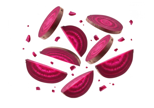 Vibrant beetroot slices are scattered across a transparent background, showcasing their rich color and texture