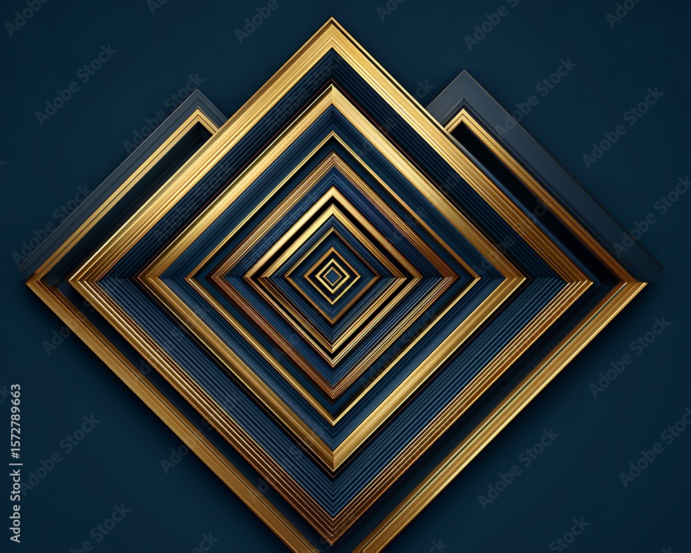 Poster a series of diamond shaped frames in gold and blue creating a tunnel effect on a dark blue backgroun