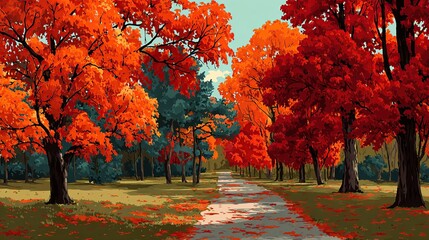 Vibrant autumn scene a path winds through a park, flanked by trees ablaze with fiery red and orange foliage, interspersed with evergreens, under a partly sunny sky. Fallen leaves scatter the ground