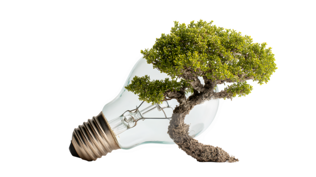 A tree growing from a lightbulb, symbolizing green energy, isolated on white background,