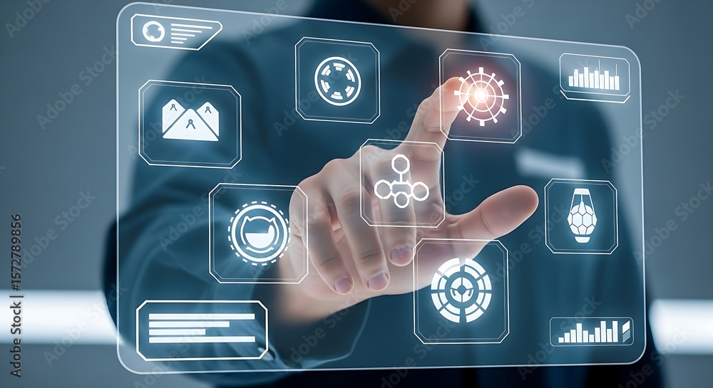 Poster a persons finger interacts with a futuristic digital screen displaying various icons and data visual